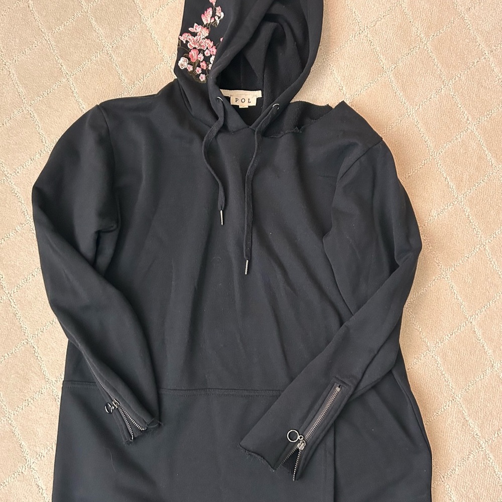 Black POL Hoodie with Floral Embroidery